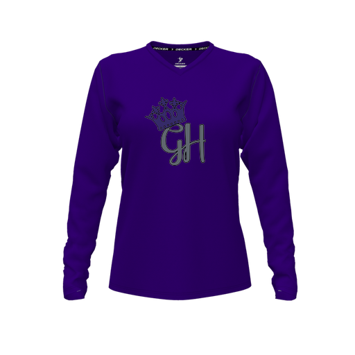 [CUS-DFW-TEES-CMF-VNK-LSL-PUR-FYXS-LOGO2] Decker Comfort T-Shirt (Female Youth XS, Purple, V Neck, Logo 2, Long Sleeve)