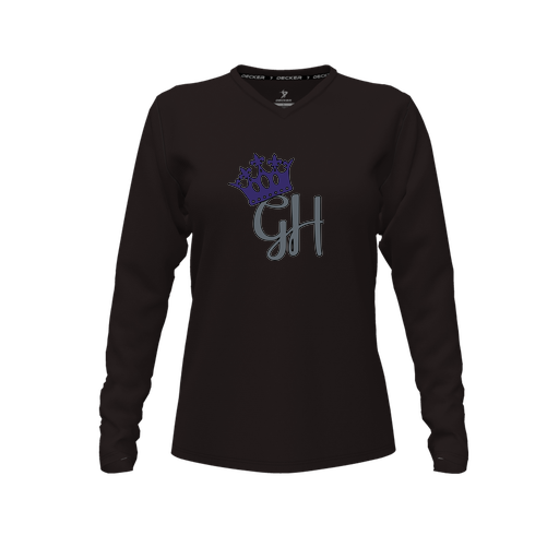 [CUS-DFW-TEES-PER-VNK-LSL-BLK-FYXS-LOGO2] Decker Performance T-Shirt (Female Youth XS, Black, V Neck, Logo 2, Long Sleeve)