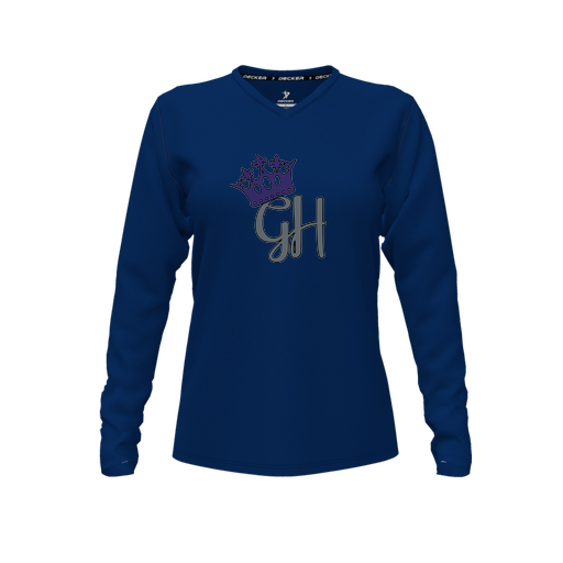 [FTLVPTNV-FYXS-LOGO2] Decker Performance T-Shirt (Female Youth XS, Navy, V Neck, Logo 2, Long Sleeve)