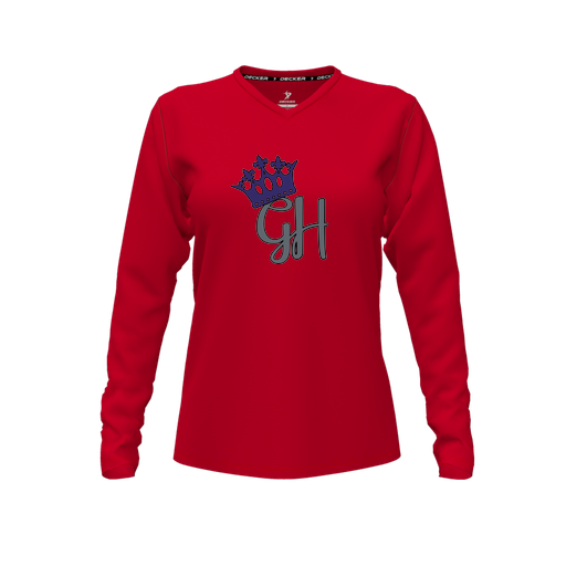 [FTLVPTRD-FYXS-LOGO2] Decker Performance T-Shirt (Female Youth XS, Red, V Neck, Logo 2, Long Sleeve)